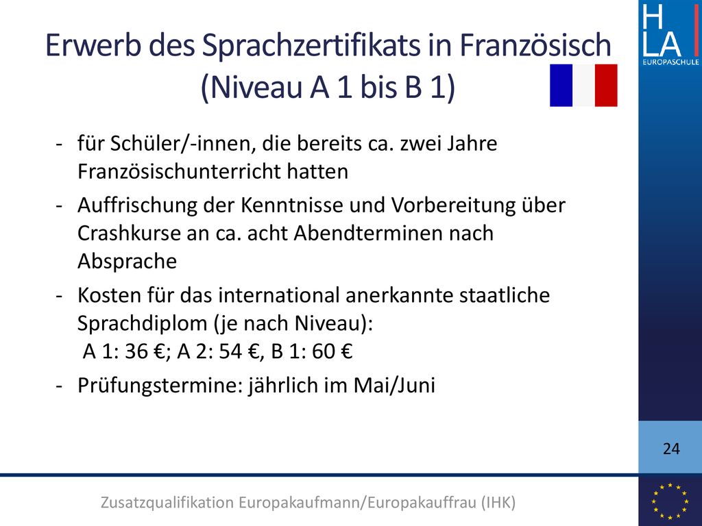 Erwerb des Sprachzertifikats in Französisch (Niveau A 1 bis B 1)