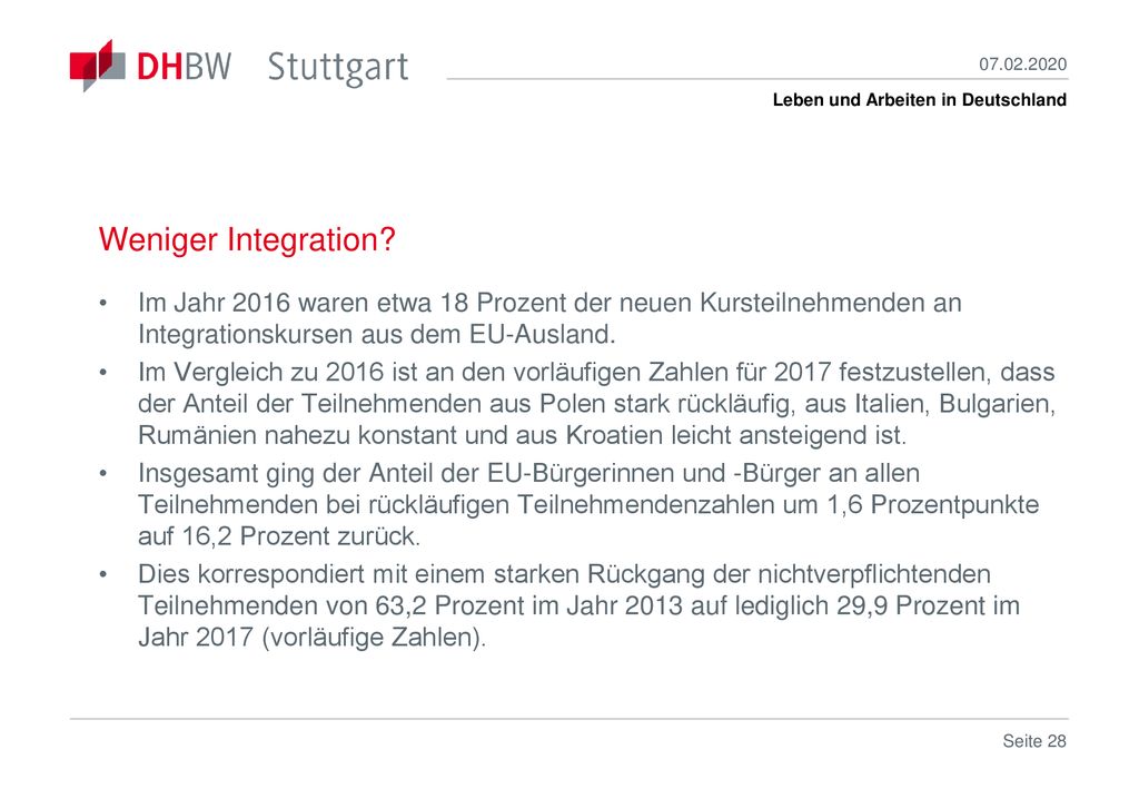 Weniger Integration Im Jahr 2016 waren etwa 18 Prozent der neuen Kursteilnehmenden an Integrationskursen aus dem EU-Ausland.