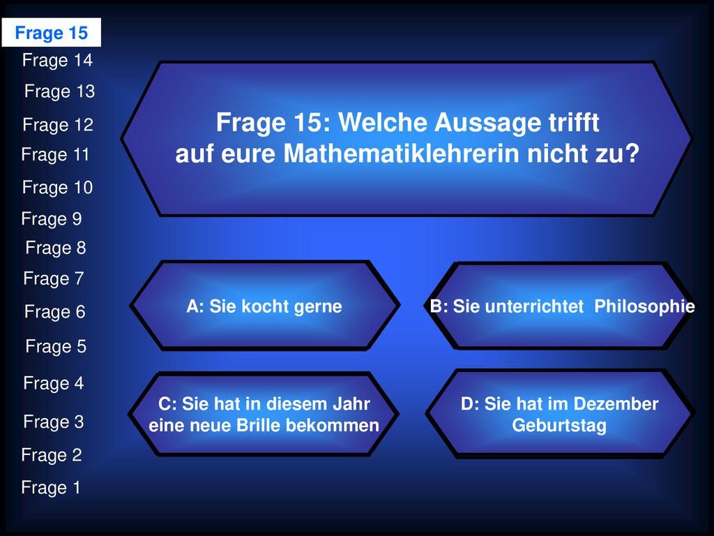 Frage 15: Welche Aussage trifft auf eure Mathematiklehrerin nicht zu