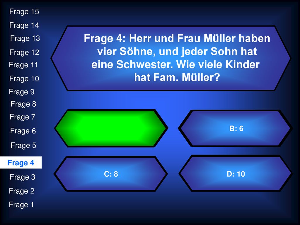 Frage 4: Herr und Frau Müller haben vier Söhne, und jeder Sohn hat
