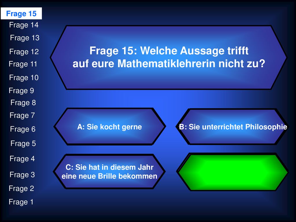 Frage 15: Welche Aussage trifft auf eure Mathematiklehrerin nicht zu