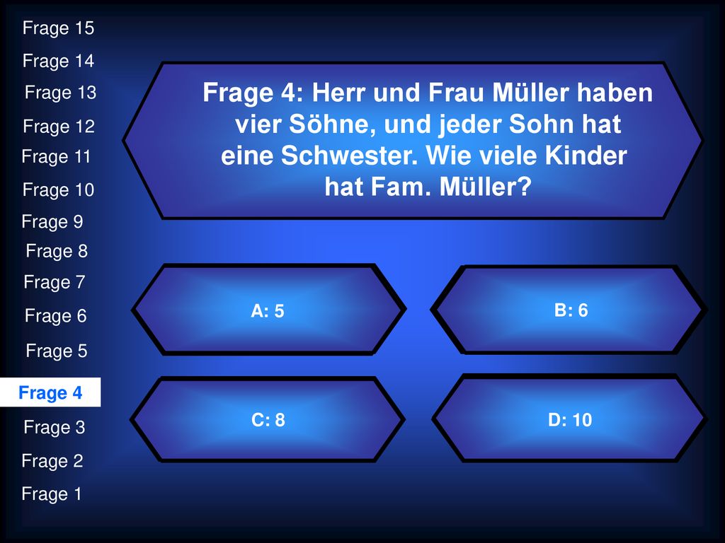 Frage 4: Herr und Frau Müller haben vier Söhne, und jeder Sohn hat