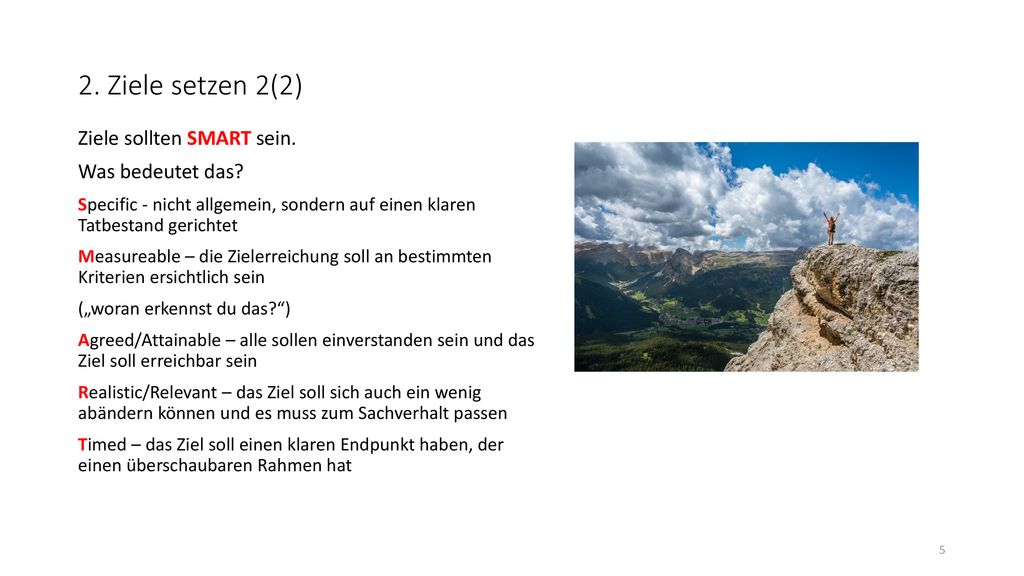 2. Ziele setzen 2(2) Ziele sollten SMART sein. Was bedeutet das