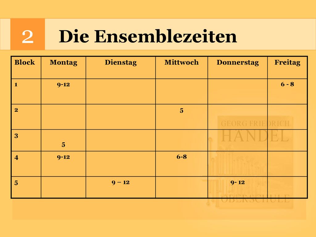 2 Die Ensemblezeiten Block Montag Dienstag Mittwoch Donnerstag Freitag