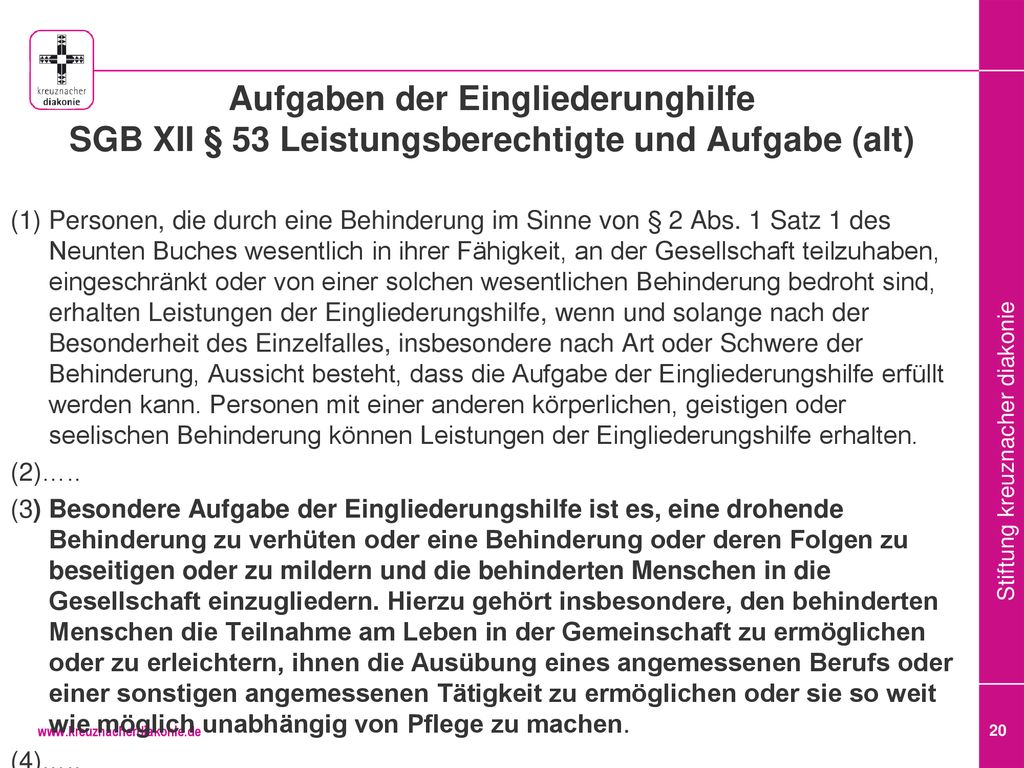 Aufgaben der Eingliederunghilfe SGB XII § 53 Leistungsberechtigte und Aufgabe (alt)