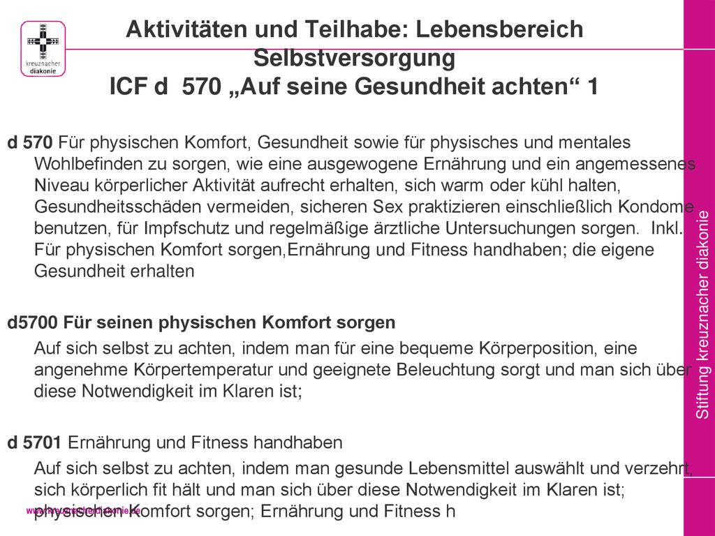 Aktivitäten und Teilhabe: Lebensbereich Selbstversorgung ICF d 570 „Auf seine Gesundheit achten 1