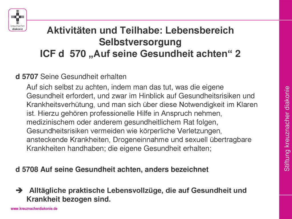Aktivitäten und Teilhabe: Lebensbereich Selbstversorgung ICF d 570 „Auf seine Gesundheit achten 2
