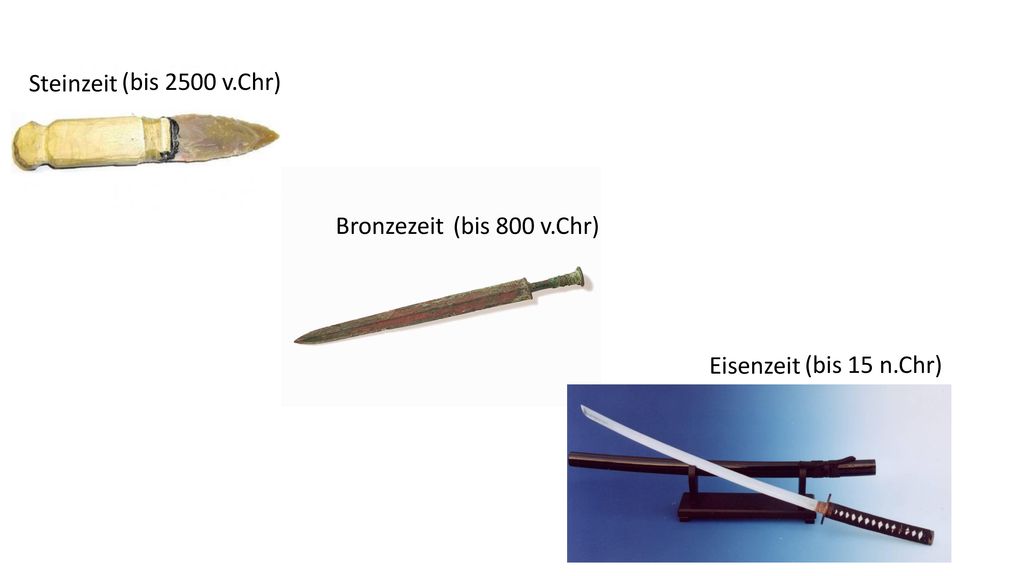 Steinzeit (bis 2500 v.Chr) Bronzezeit (bis 800 v.Chr) Eisenzeit (bis 15 n.Chr)
