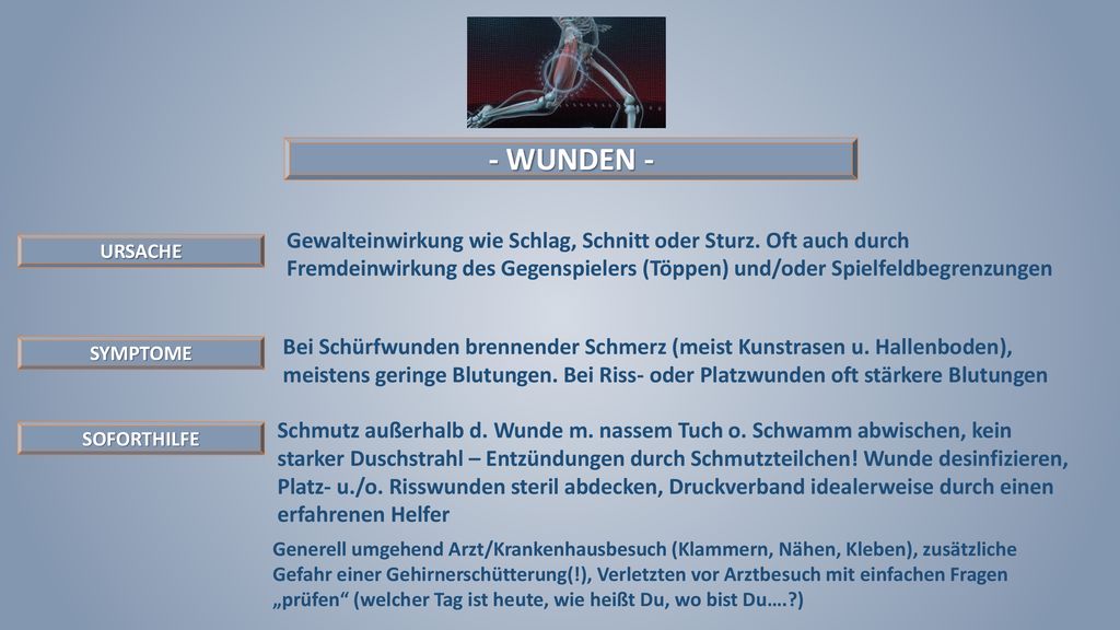- WUNDEN - Gewalteinwirkung wie Schlag, Schnitt oder Sturz. Oft auch durch Fremdeinwirkung des Gegenspielers (Töppen) und/oder Spielfeldbegrenzungen.