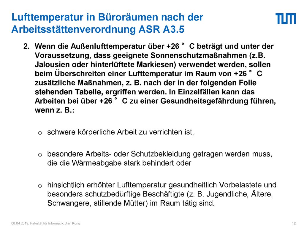 Lufttemperatur in Büroräumen nach der Arbeitsstättenverordnung ASR A3