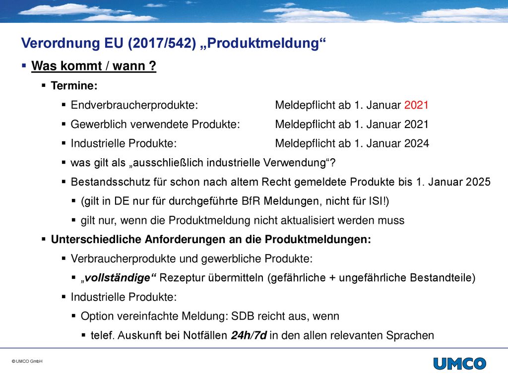 Verordnung EU (2017/542) „Produktmeldung