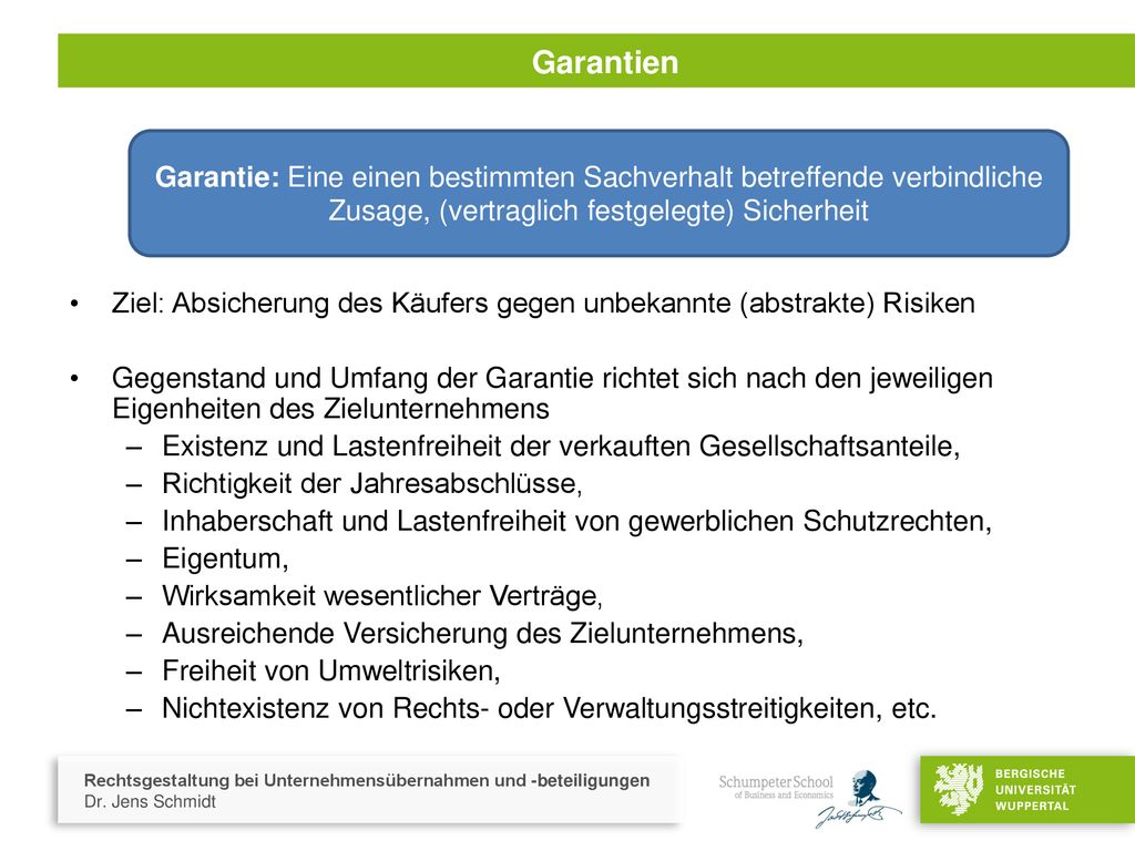 Garantien Garantie: Eine einen bestimmten Sachverhalt betreffende verbindliche Zusage, (vertraglich festgelegte) Sicherheit.