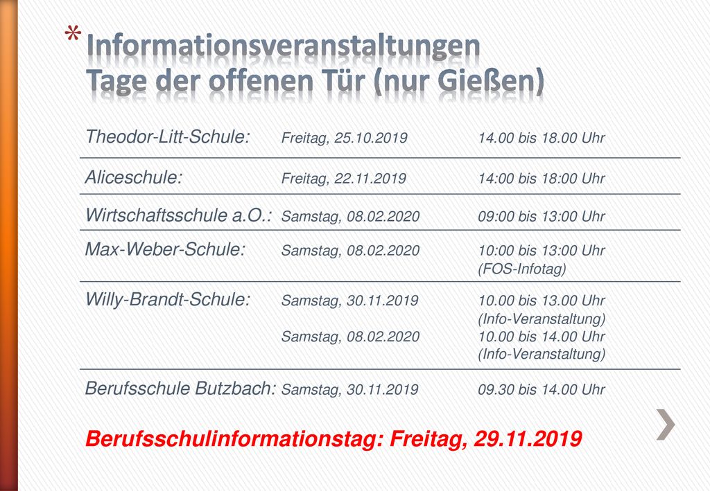 Informationsveranstaltungen Tage der offenen Tür (nur Gießen)