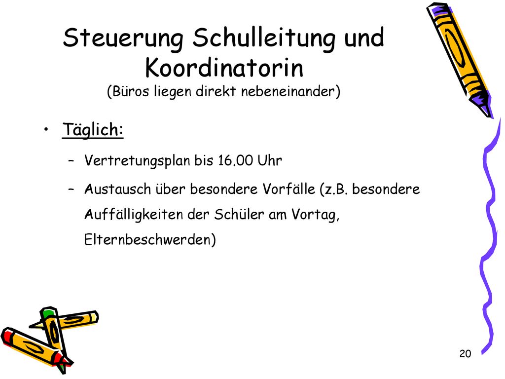 Steuerung Schulleitung und Koordinatorin (Büros liegen direkt nebeneinander)