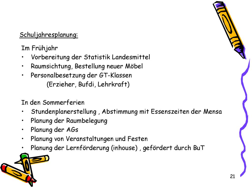 Schuljahresplanung: Im Frühjahr. Vorbereitung der Statistik Landesmittel. Raumsichtung, Bestellung neuer Möbel.