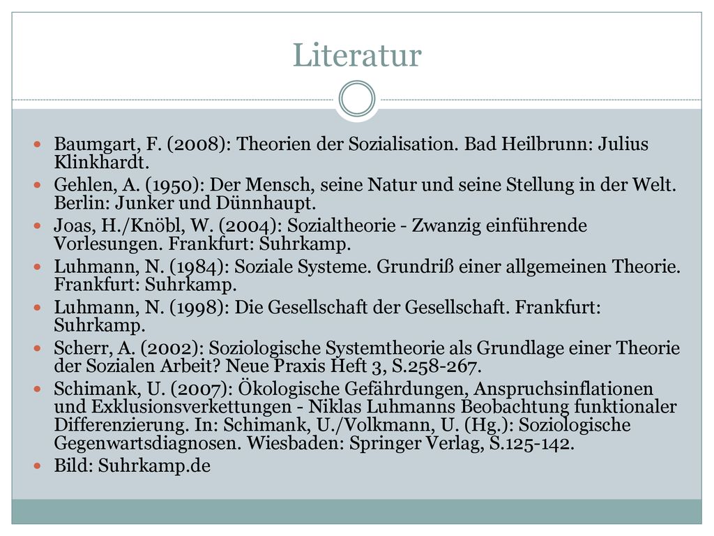 Literatur Baumgart, F. (2008): Theorien der Sozialisation. Bad Heilbrunn: Julius Klinkhardt.