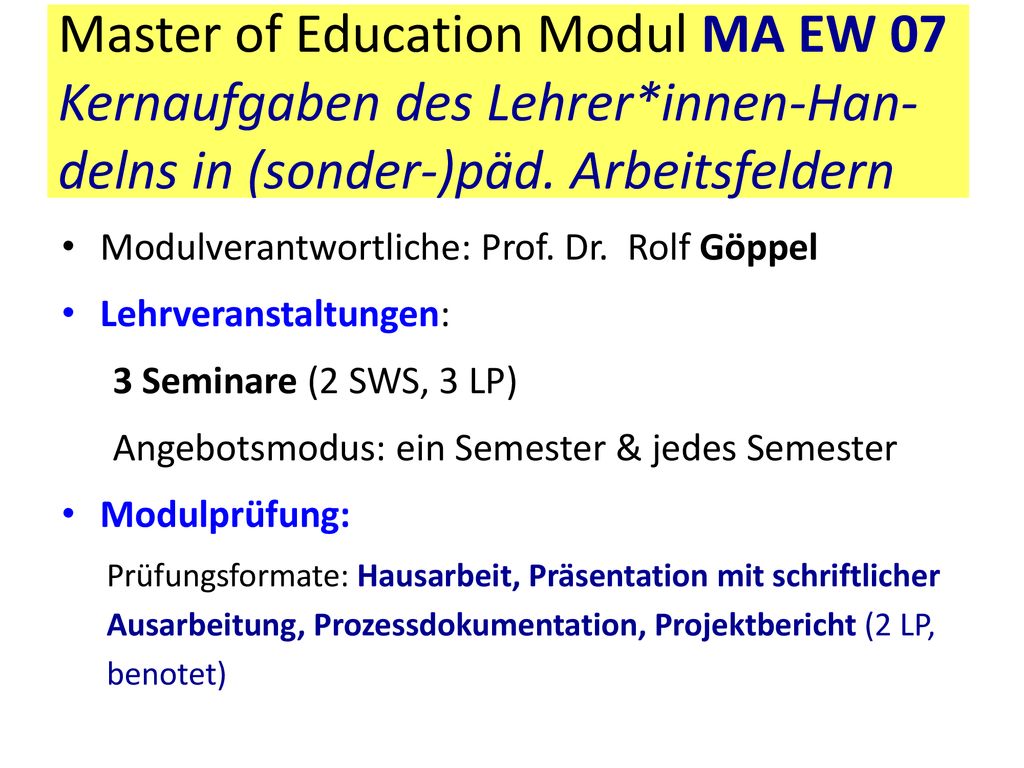 Master of Education Modul MA EW 07 Kernaufgaben des Lehrer