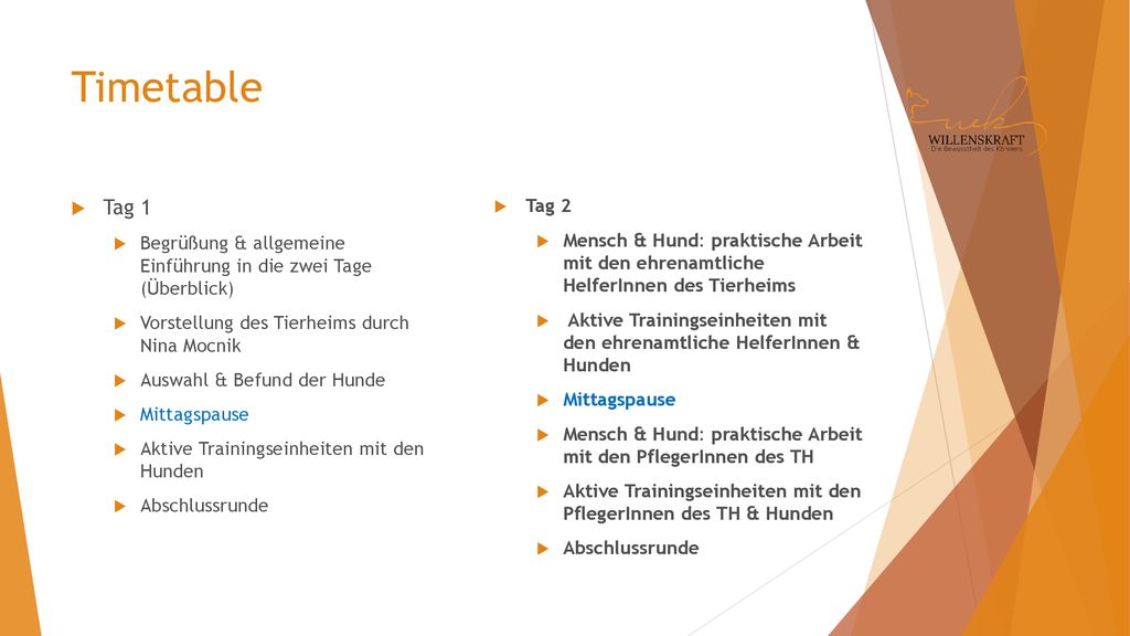 Timetable Tag 1. Begrüßung & allgemeine Einführung in die zwei Tage (Überblick) Vorstellung des Tierheims durch Nina Mocnik.