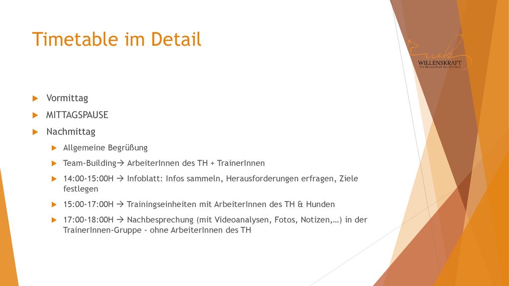 Timetable im Detail Vormittag MITTAGSPAUSE Nachmittag