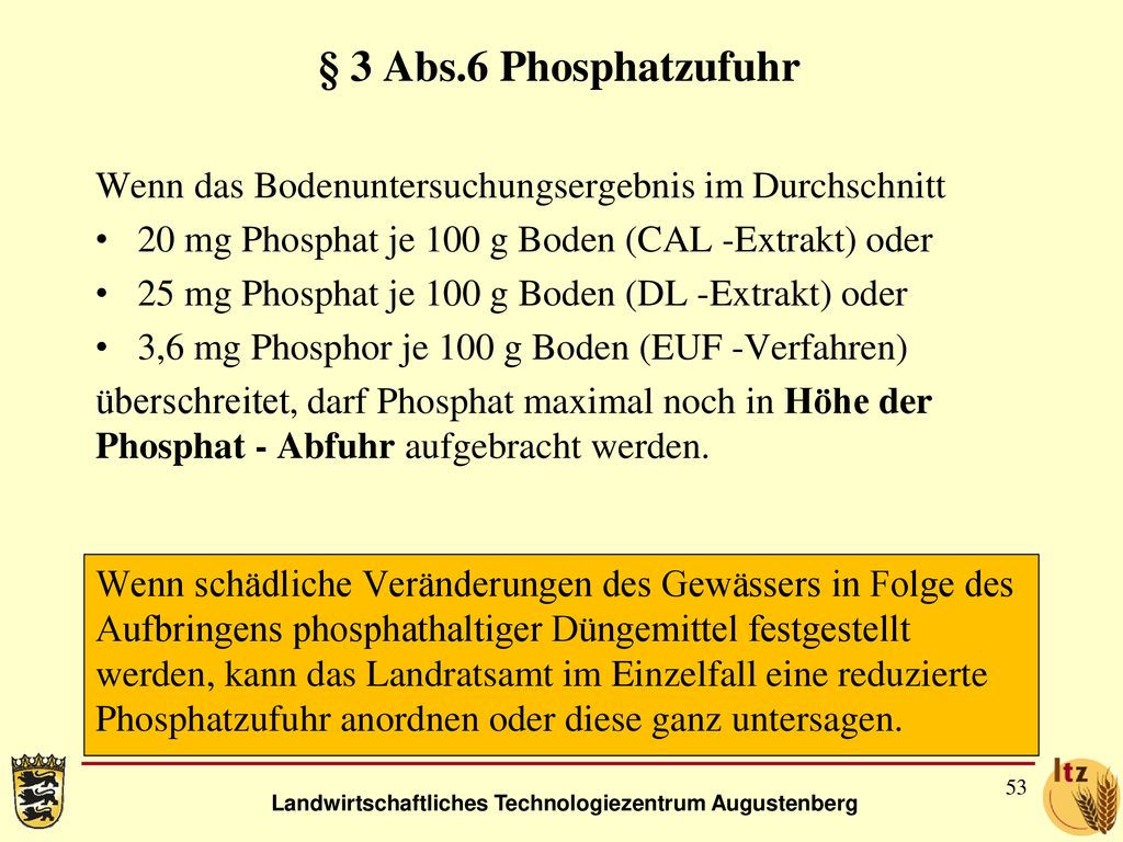 § 3 Abs.6 Phosphatzufuhr Wenn das Bodenuntersuchungsergebnis im Durchschnitt. 20 mg Phosphat je 100 g Boden (CAL -Extrakt) oder.