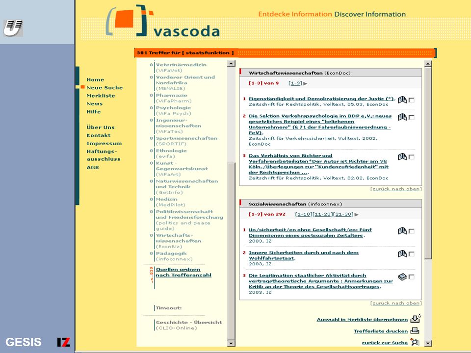 Vascoda Ergebnisliste staatsfunktion