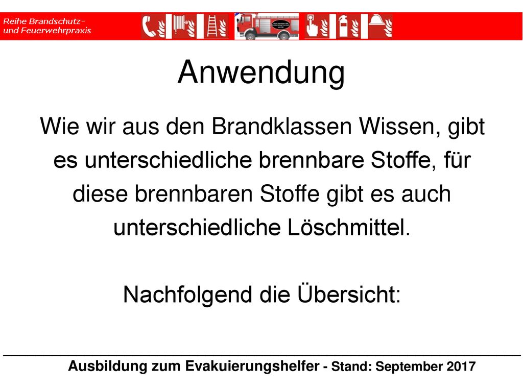 Anwendung Wie wir aus den Brandklassen Wissen, gibt