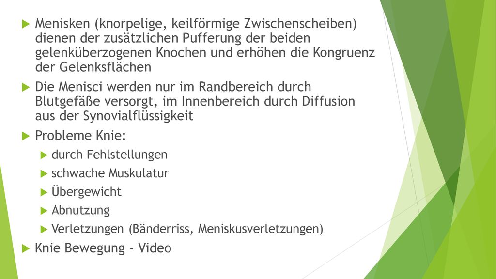 Menisken (knorpelige, keilförmige Zwischenscheiben) dienen der zusätzlichen Pufferung der beiden gelenküberzogenen Knochen und erhöhen die Kongruenz der Gelenksflächen