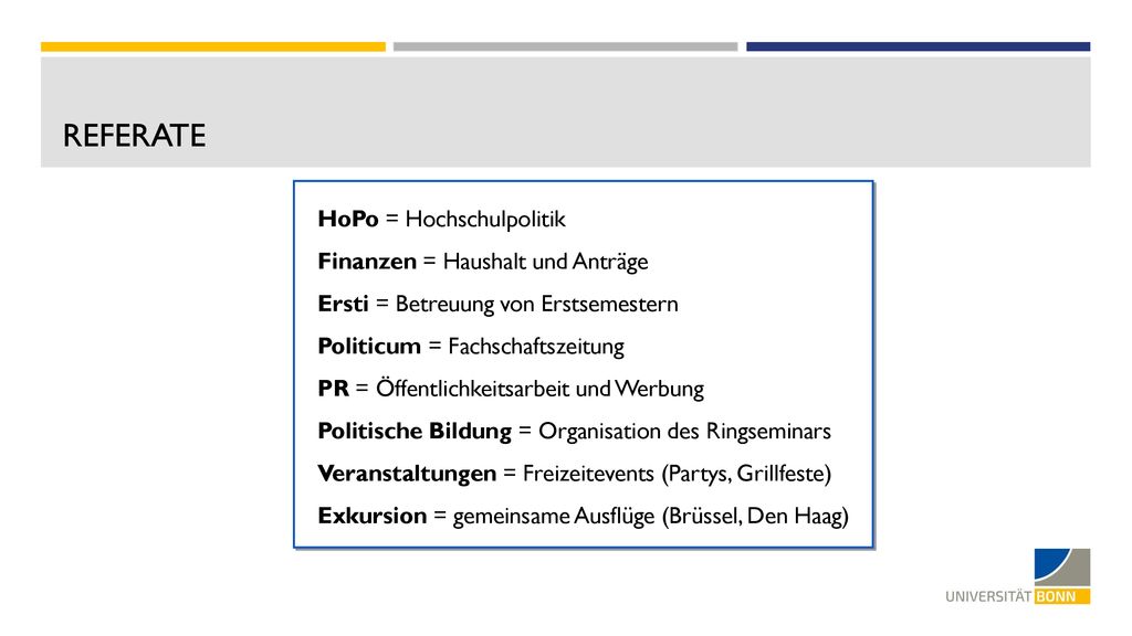 Referate HoPo = Hochschulpolitik Finanzen = Haushalt und Anträge HoPo
