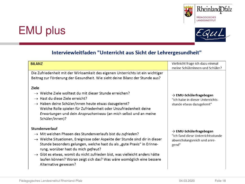 EMU plus EMU plus bietet Anregungen dazu kollegiale Hospitation als Chance für die Lehrergesundheit zu nutzen.