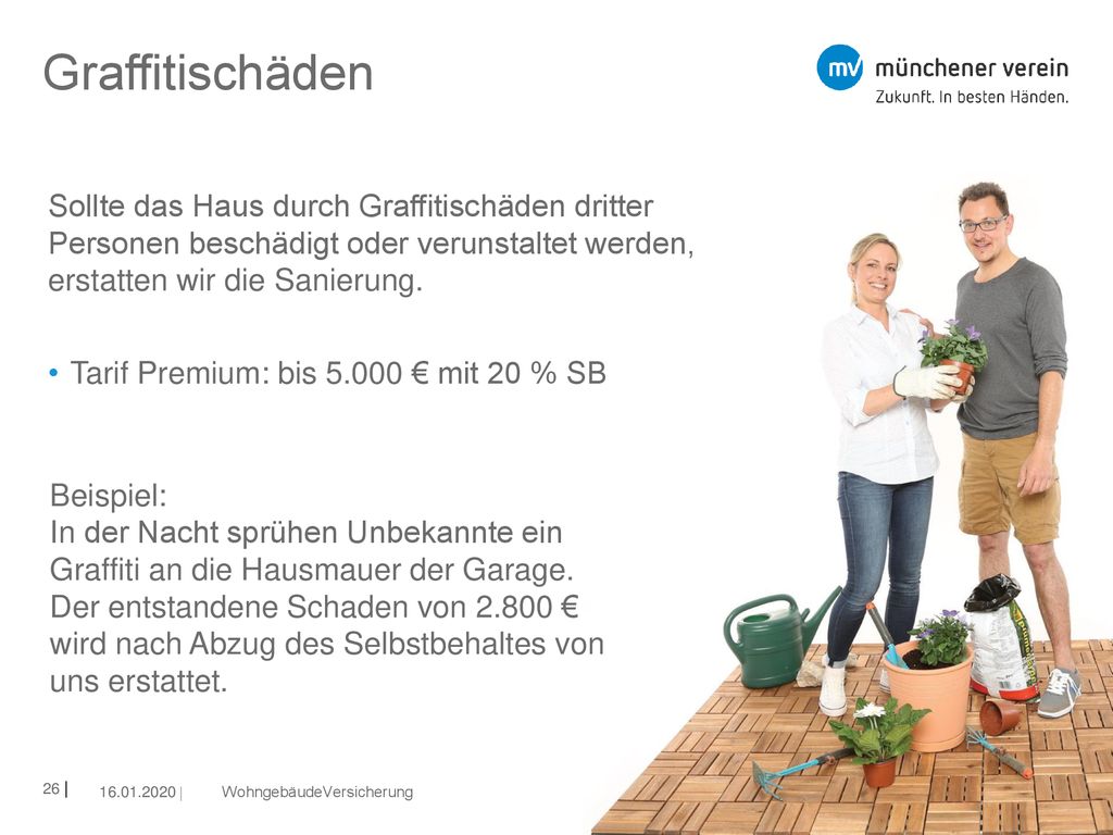 Graffitischäden Sollte das Haus durch Graffitischäden dritter Personen beschädigt oder verunstaltet werden, erstatten wir die Sanierung.