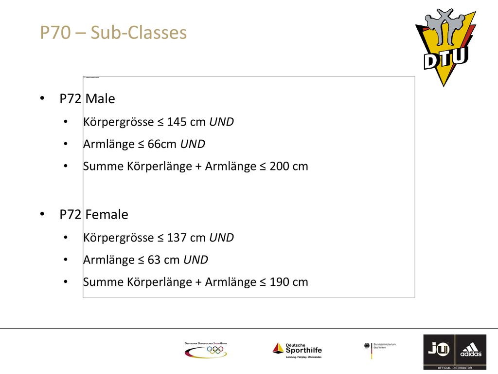 P70 – Sub-Classes P72 Male P72 Female Körpergrösse ≤ 145 cm UND