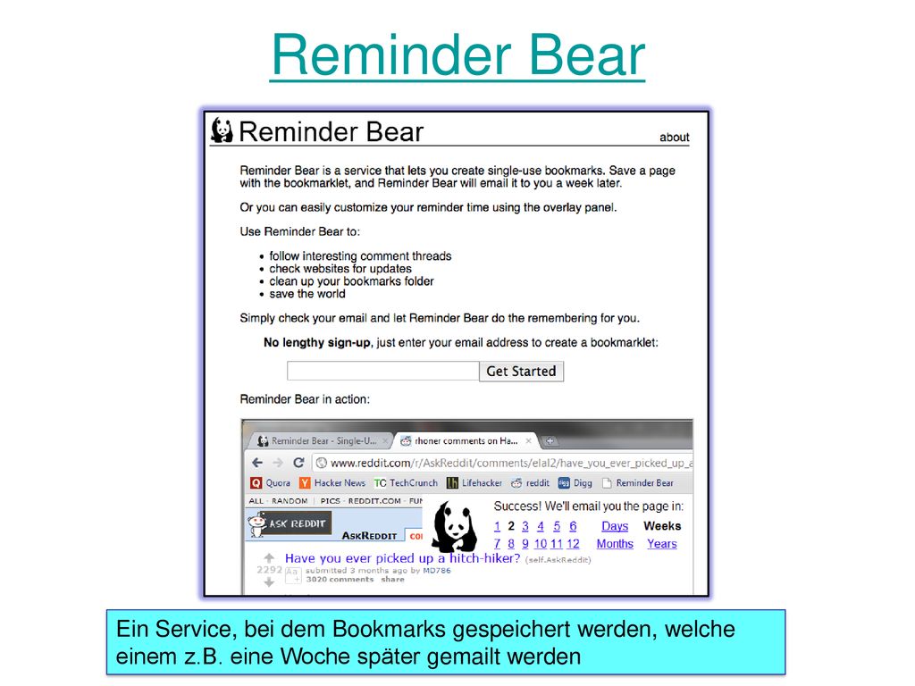 Reminder Bear Ein Service, bei dem Bookmarks gespeichert werden, welche einem z.B.