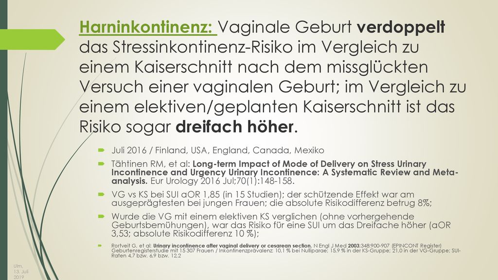 Harninkontinenz: Vaginale Geburt verdoppelt das Stressinkontinenz-Risiko im Vergleich zu einem Kaiserschnitt nach dem missglückten Versuch einer vaginalen Geburt; im Vergleich zu einem elektiven/geplanten Kaiserschnitt ist das Risiko sogar dreifach höher.