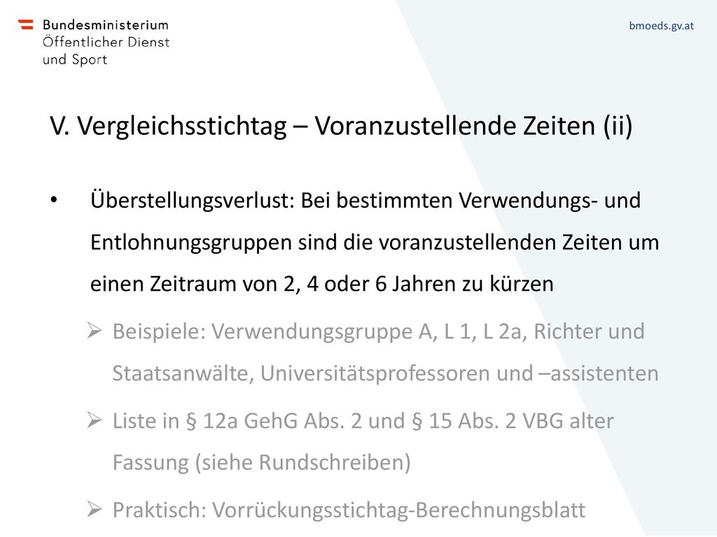 V. Vergleichsstichtag – Voranzustellende Zeiten (ii)