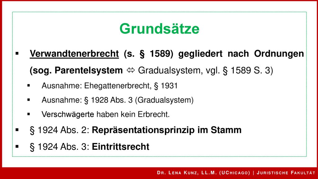 Grundsätze Verwandtenerbrecht (s. § 1589) gegliedert nach Ordnungen (sog. Parentelsystem  Gradualsystem, vgl. § 1589 S. 3)