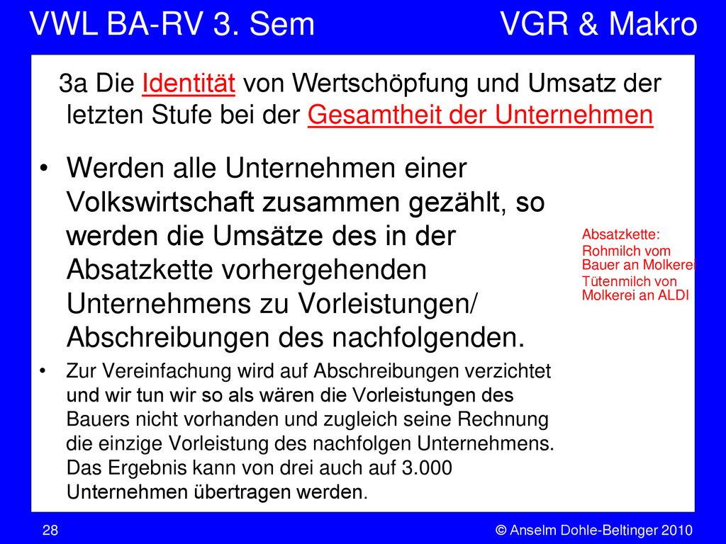 3a Die Identität von Wertschöpfung und Umsatz der letzten Stufe bei der Gesamtheit der Unternehmen