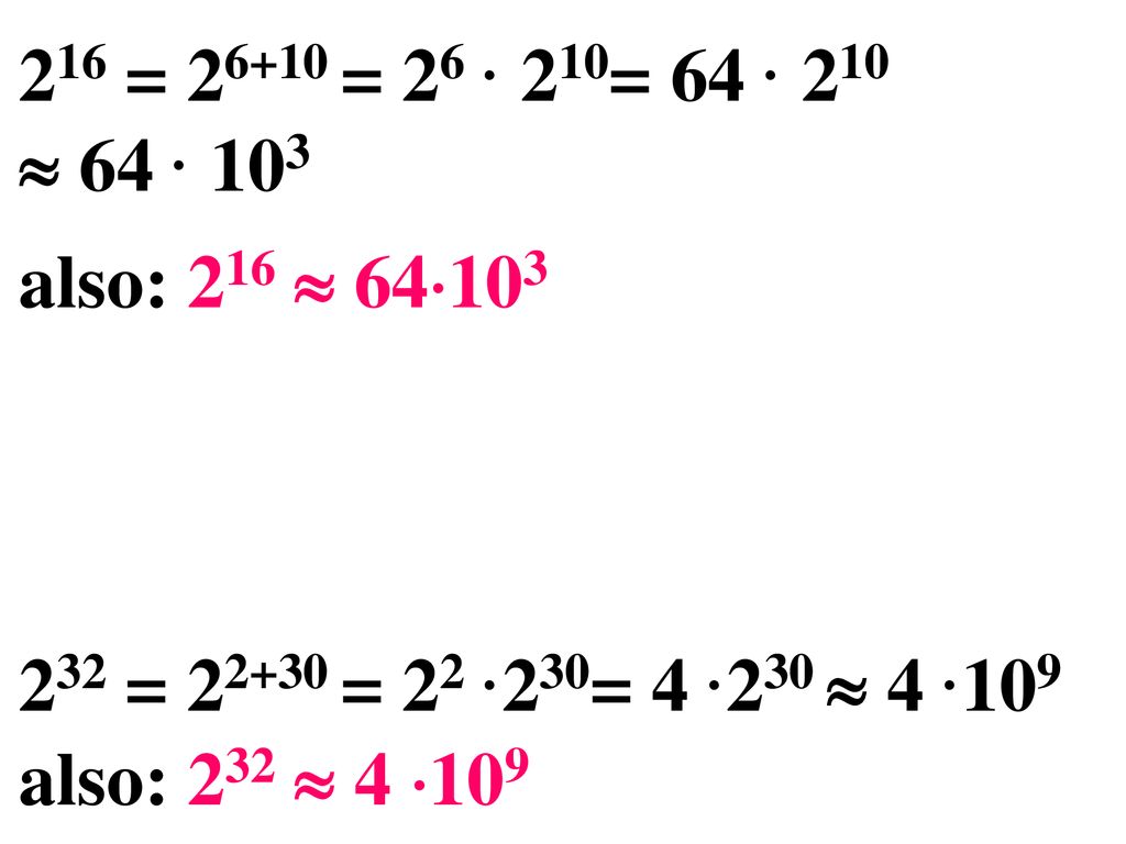 216 = = 26 · 210= 64 · 210  64 · 103 also: 216  64103. Weiter mit PP. 232 = = 22 ·230= 4 ·230  4 ·109.