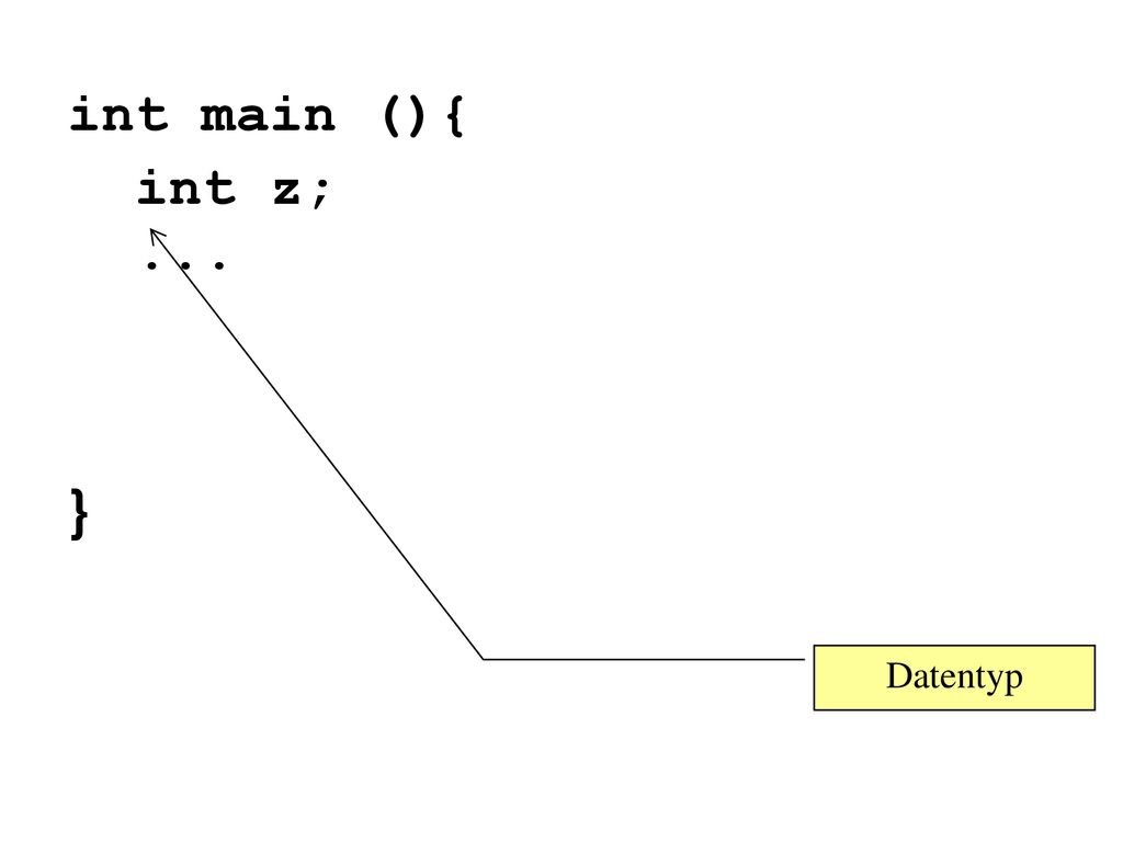 int main (){ int z; ... } Weiter mit PP. Datentyp
