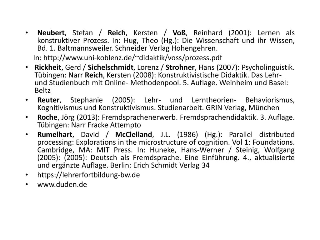 Neubert, Stefan / Reich, Kersten / Voß, Reinhard (2001): Lernen als konstruktiver Prozess. In: Hug, Theo (Hg.): Die Wissenschaft und ihr Wissen, Bd. 1. Baltmannsweiler. Schneider Verlag Hohengehren.