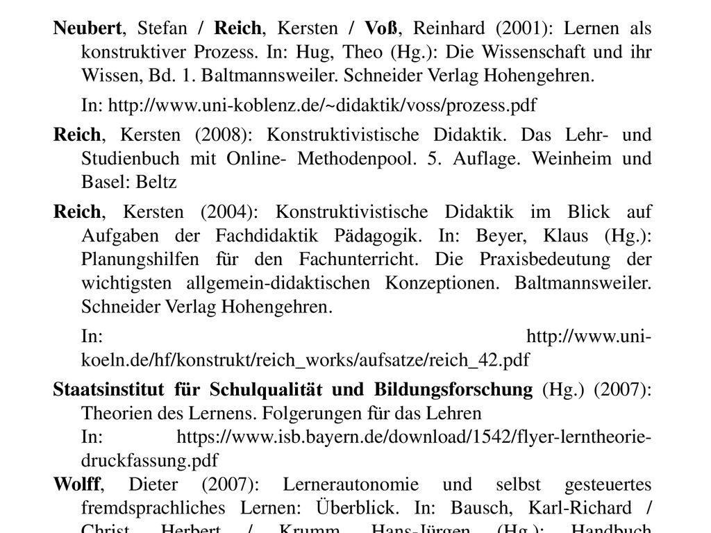 Neubert, Stefan / Reich, Kersten / Voß, Reinhard (2001): Lernen als konstruktiver Prozess. In: Hug, Theo (Hg.): Die Wissenschaft und ihr Wissen, Bd. 1. Baltmannsweiler. Schneider Verlag Hohengehren.