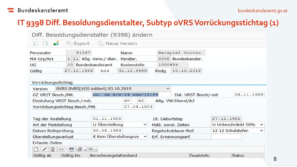 IT 9398 Diff. Besoldungsdienstalter, Subtyp 0VRS Vorrückungsstichtag (1)