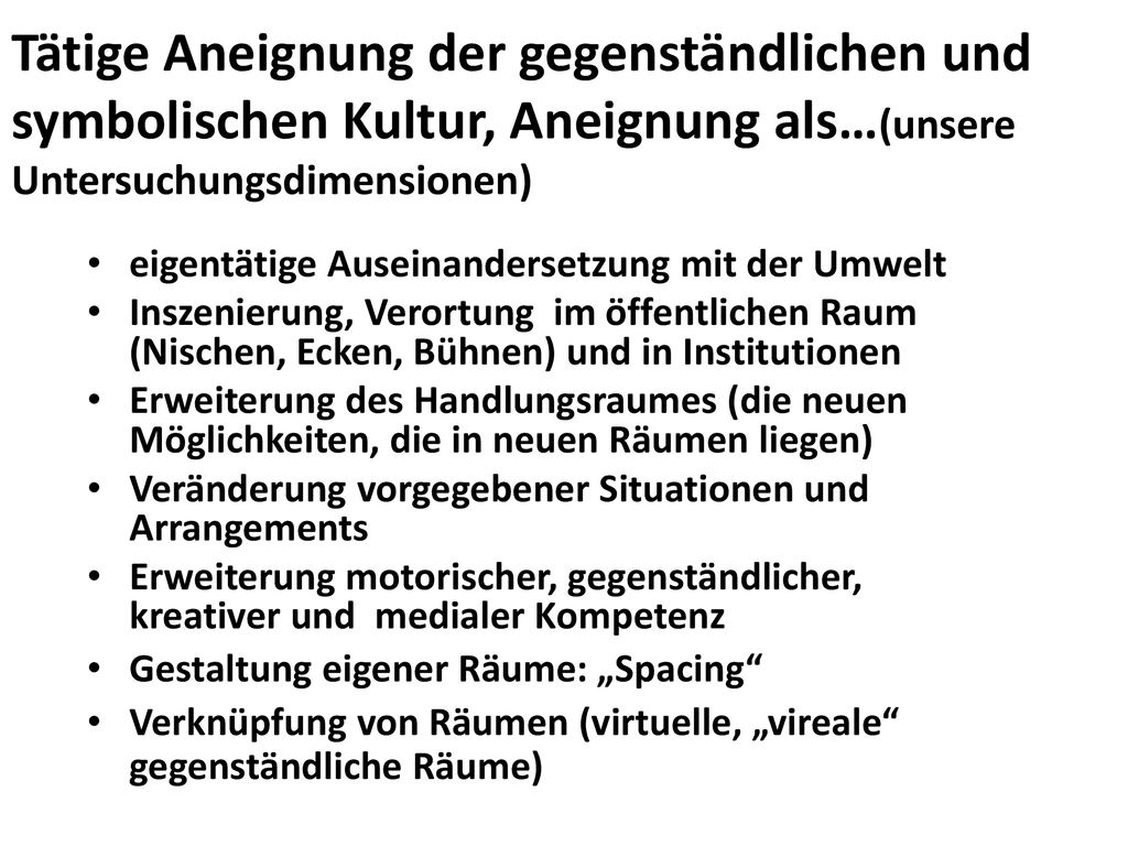Tätige Aneignung der gegenständlichen und symbolischen Kultur, Aneignung als…(unsere Untersuchungsdimensionen)