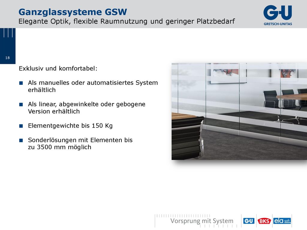 Ganzglassysteme GSW Elegante Optik, ﬂexible Raumnutzung und geringer Platzbedarf. Exklusiv und komfortabel: