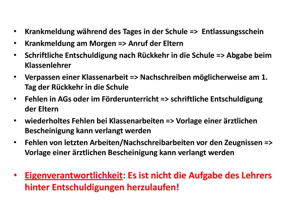 Krankmeldung während des Tages in der Schule => Entlassungsschein