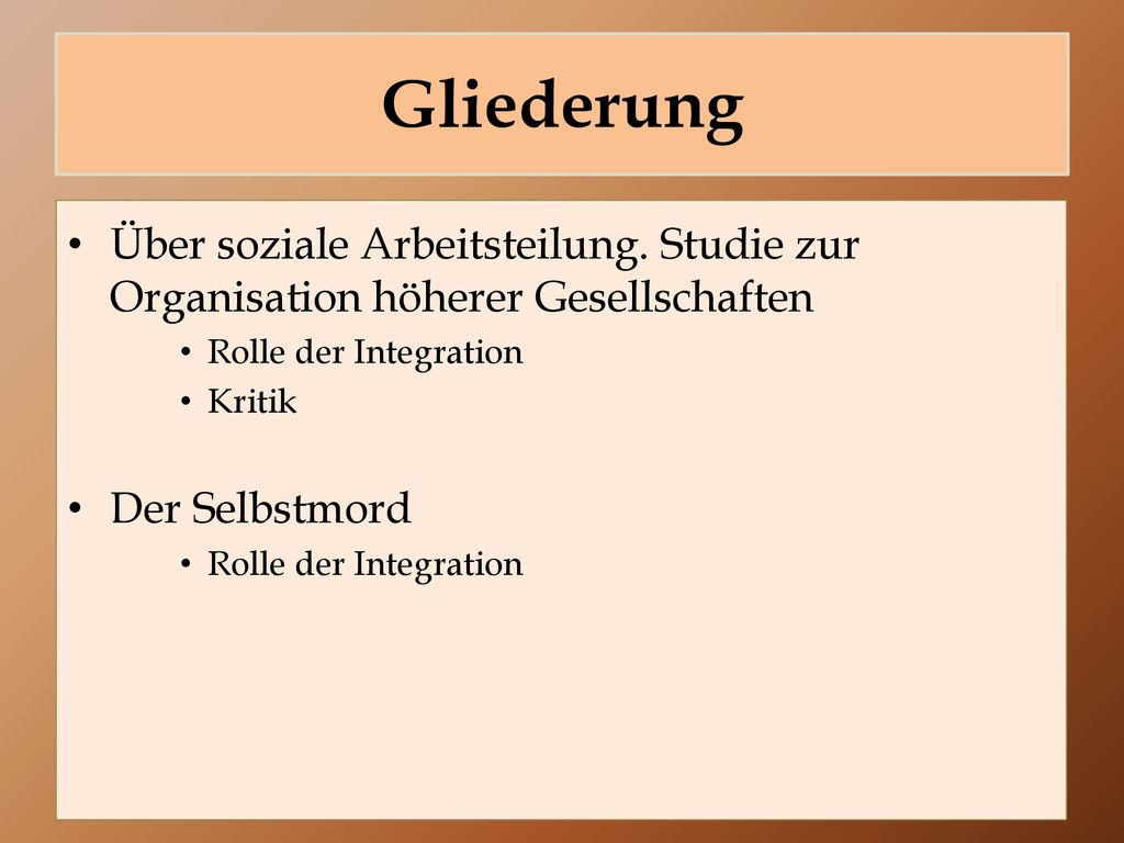 Gliederung Über soziale Arbeitsteilung. Studie zur Organisation höherer Gesellschaften. Rolle der Integration.