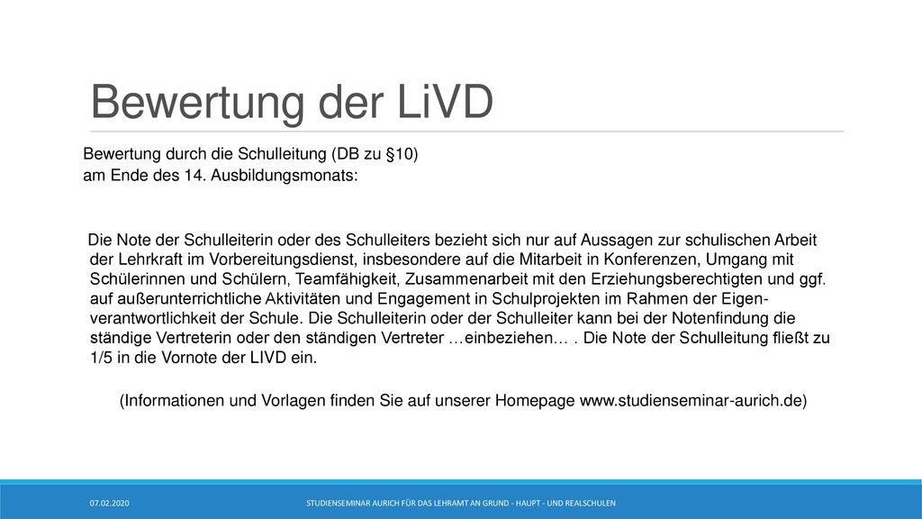 Bewertung der LiVD Bewertung durch die Schulleitung (DB zu §10)