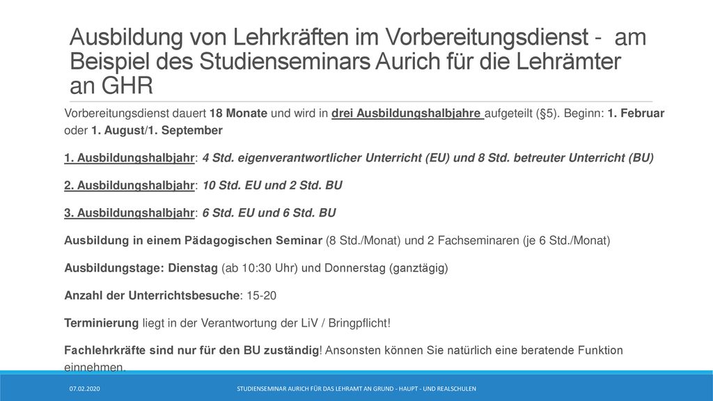 Ausbildung von Lehrkräften im Vorbereitungsdienst - am Beispiel des Studienseminars Aurich für die Lehrämter an GHR