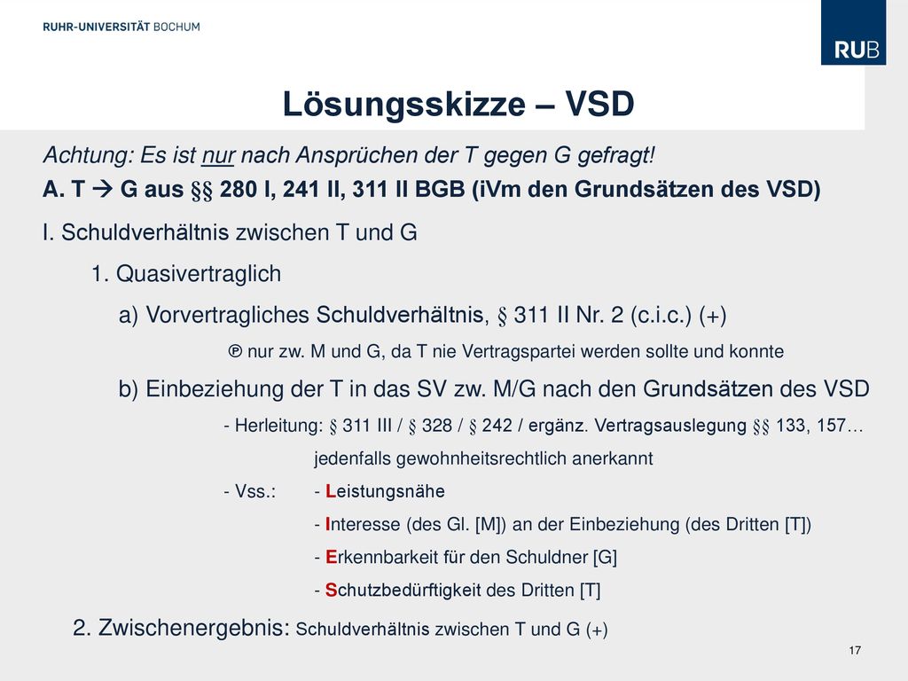 Lösungsskizze – VSD Achtung: Es ist nur nach Ansprüchen der T gegen G gefragt!