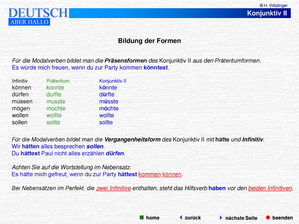 Konjunktiv II Bildung der Formen  beenden  nächste Seite  home