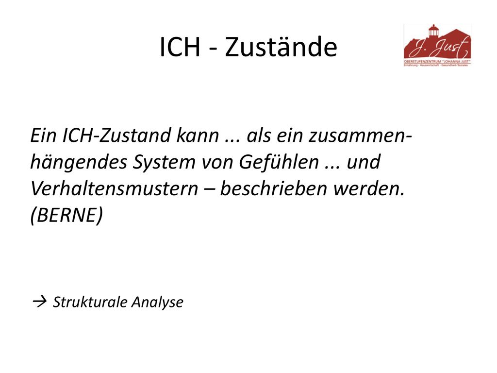 ICH - Zustände Ein ICH-Zustand kann ... als ein zusammen-hängendes System von Gefühlen ... und Verhaltensmustern – beschrieben werden. (BERNE)